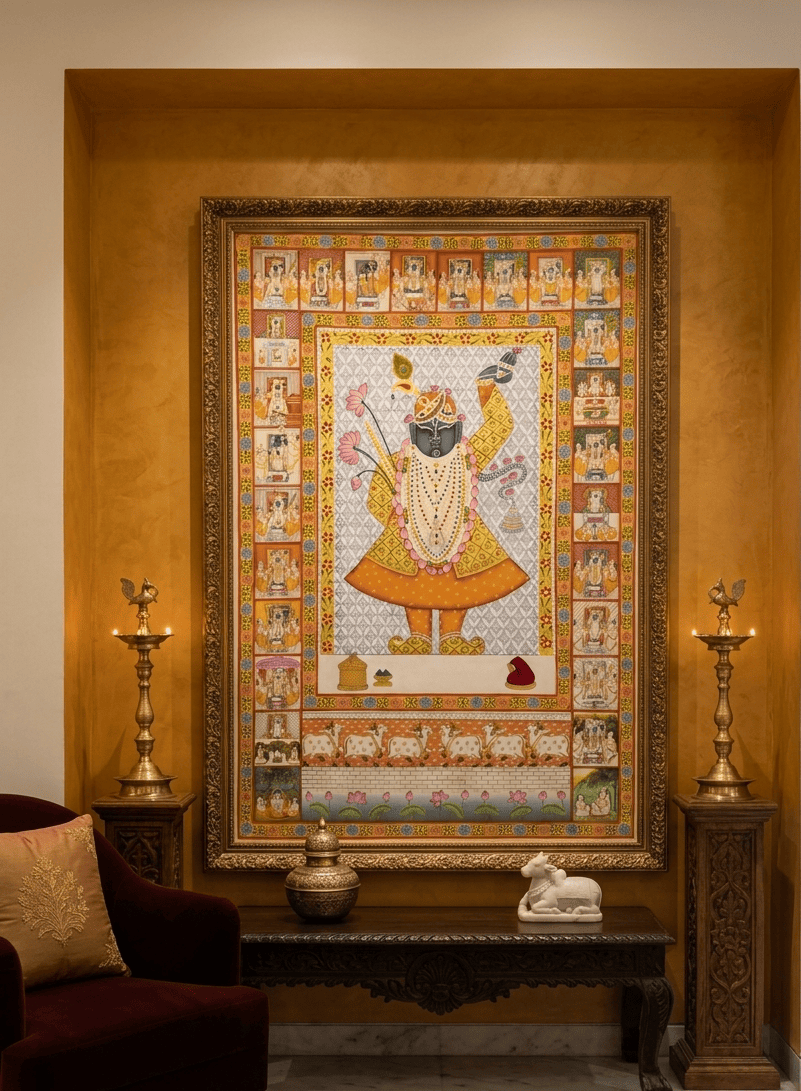 Handmade Shrinathji Pichwai Painting in Golden-Yellow Vastra with Jaali Backdrop